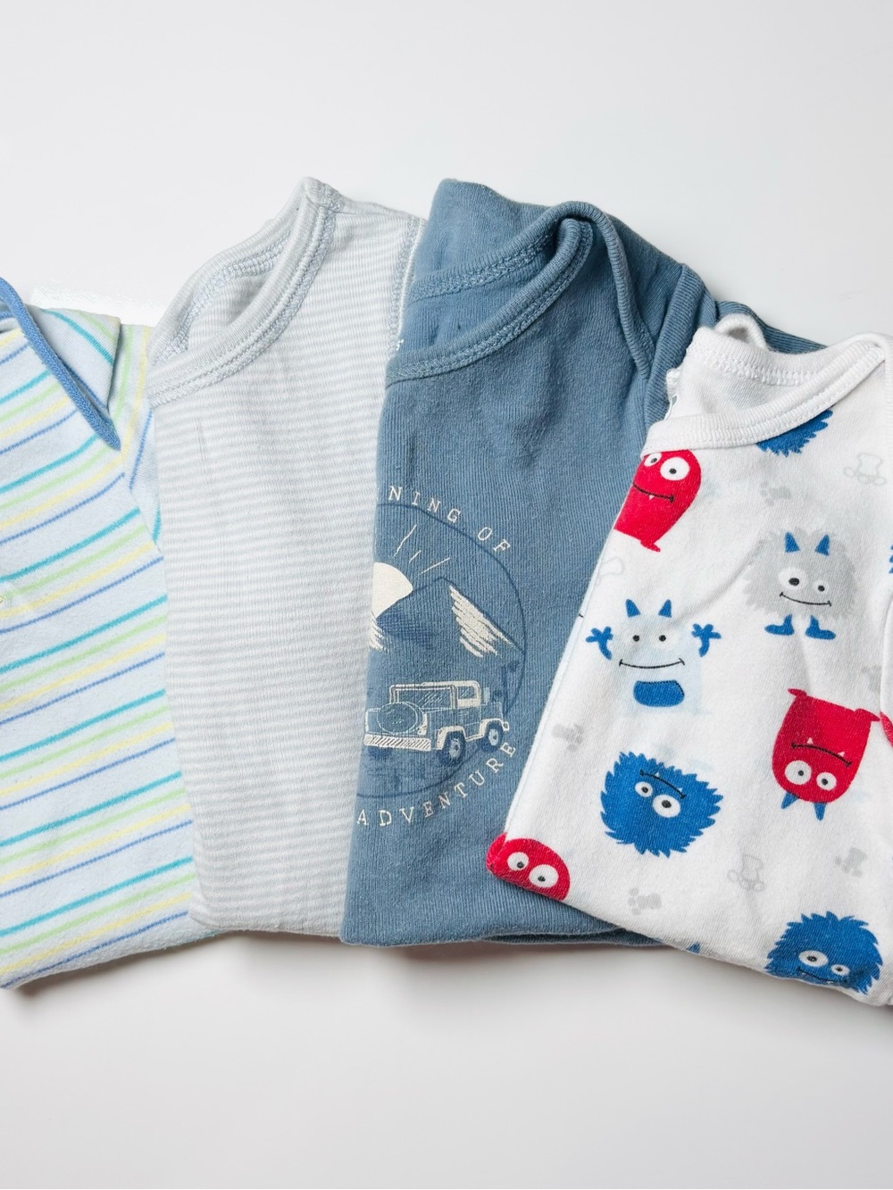 Whimsical Monster Adventure Blue Gray Bodysuit Bundle 4pcs Striped 18-24M